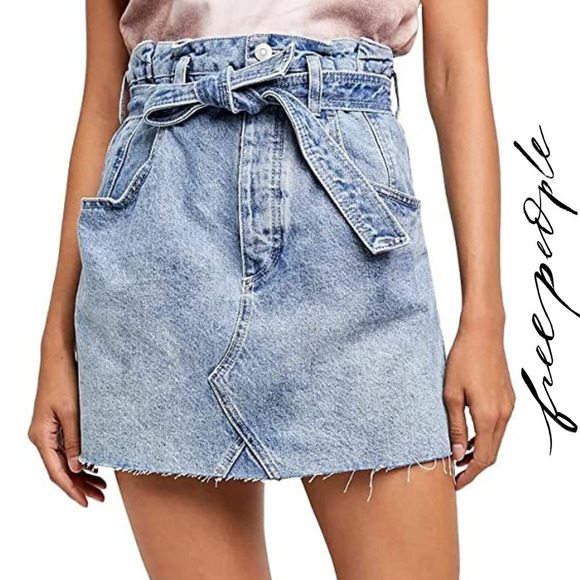 Free People Dresses & Skirts - Free People East of Eden Medium Wash Denim Belted Mini Skirt Sizes 26 & 25‎ NWT